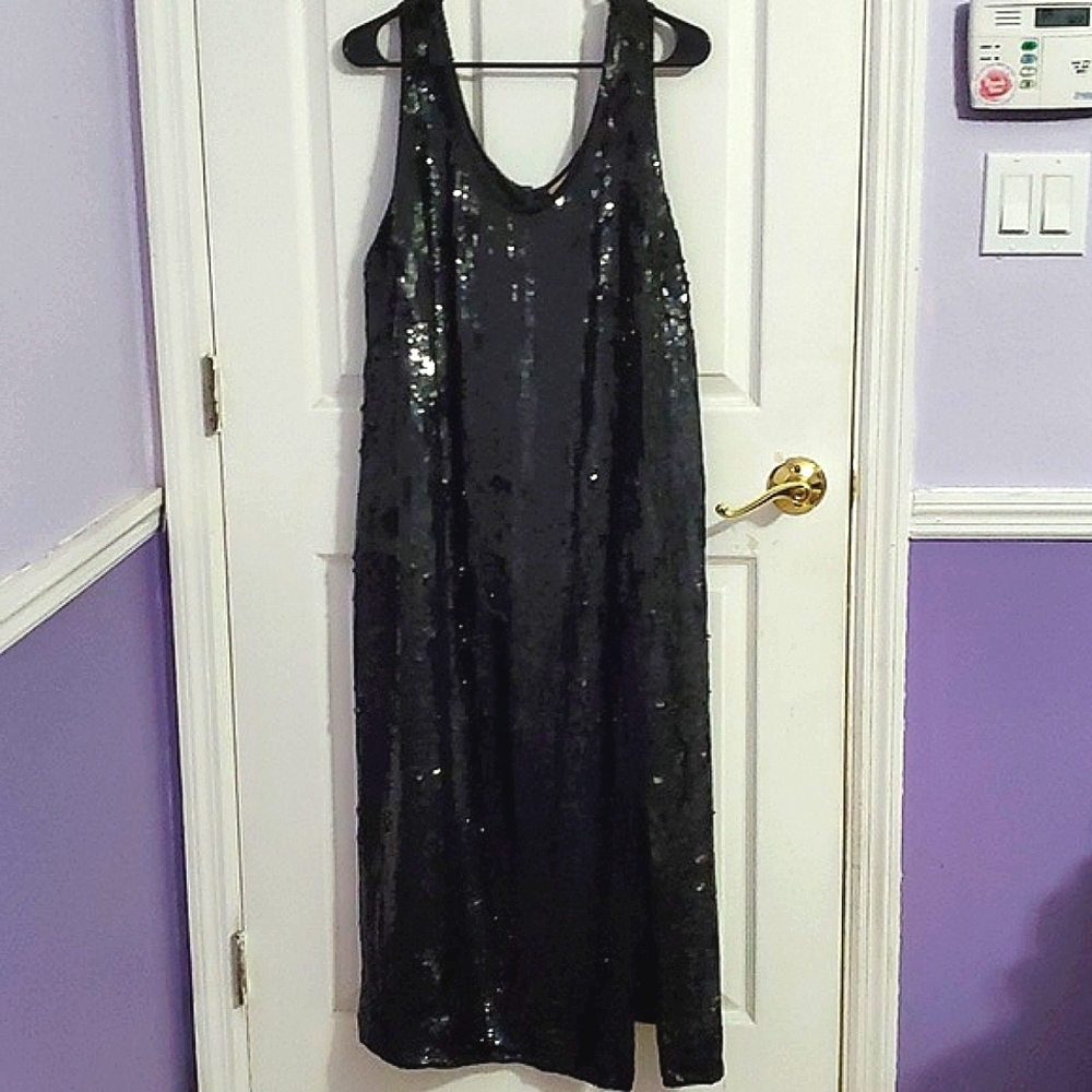 Essence Black Silk Sequined Evening Side Slit Shift Midi Dress Plus 26 - Picture 2 of 9